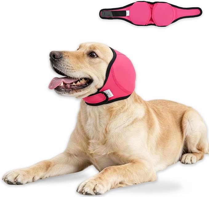 Dog Ear Covers for Grooming,Bathing & Blow Drying,No Shake Ear Wraps Anxiety Relief,Adjustable Quiet Ears for Dogs Comfort Calming Hood for Thunderstorms,Fireworks,Pink,L