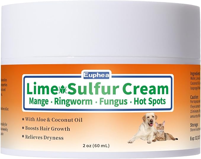 Lime Sulfur Cream, Mange Treatment Dogs & Cats, Ringworm Treatment for Cats, Soothes Itchy, Dry, Inflamed Skin, Promotes Hair Regrowth, Low Odor, No Rinse Needed, 2oz