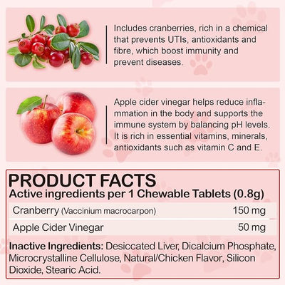 Cranberry for Dogs, 180P Cranberry Urinary Tablets for Dogs - Supports Bladder Infection, Urinary Tract, Bladder Stone & Dog UTI, Pet Supplement Treats for Dogs, Chicken Flavor - 180P Chewable Tablets