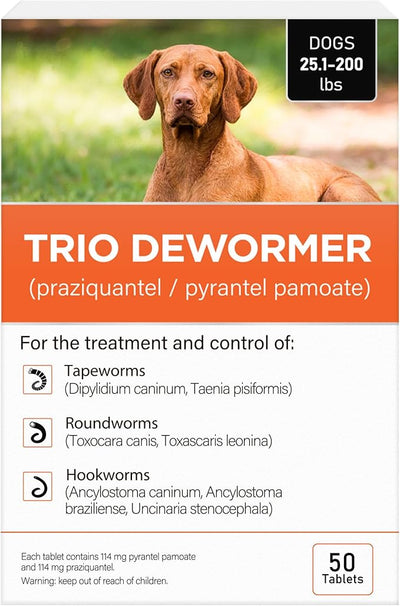 Trio Dewormer for Dogs, Tablets for Tapeworms, Roundworms & Hookworms, Pyrantel Pamoate/Praziquantel, for Medium and Large Dogs Over 25 lbs, 50 Tablets