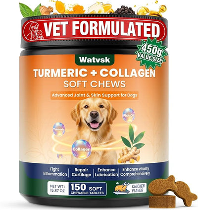 New Upgrade 4 in 1 Advanced Joint Supplement for Dogs Anti Inflammatory Pain Relief Joint Health Turmeric Collagen Hyaluronic Acid Pepper Cartilage Joint Lube All Dog Breeds Chicken 150 Chews