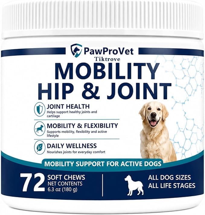 Pawprovet Mobility Hip and Joint, Daily Soft Chews with Glucosamine, Chondroitin, MSM, Green-Lipped Mussel and Boswellia, Easy Chew Routine for Adult and Senior Dogs