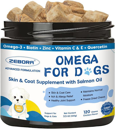Omega 3 for Dogs with Salmon Oil, 120 Chewable Fish Oil for Dogs Skin and Coat - Dog Allergy Relief, Hot Spot Treatment, Anti Shedding, Hip & Joint Support with EPA & DHA, Biotin, Vitamin E