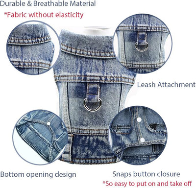 Puppy Clothes for Small Dogs Boy,Classic Western Denim Dog Coat,Dog Jeans Jacket with Leash D-Ring,Pet Cat Costumes,Cooling Harness Vest for Walking (Blue, Small)