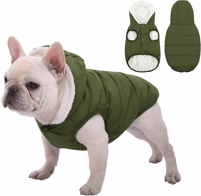 SAWMONG Waterproof Dog Winter Coat, Warm Fleece Lined Dog Jacket with Hood, Windproof Puppy Coat, Pet Apparel Vest Outdoor&Indoor Winter Activities(Green,S)