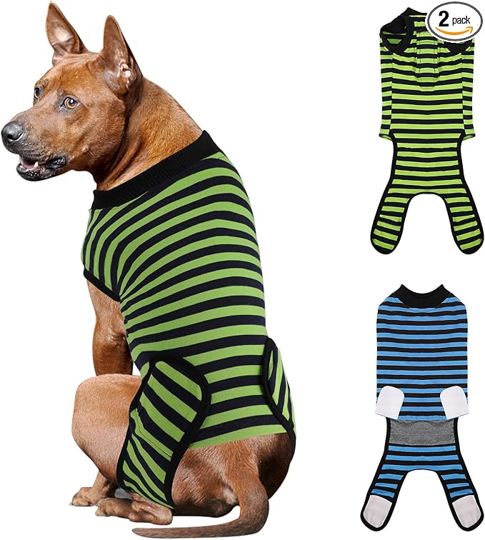2 Packs Breathable Cotton Dog Recovery Suit for After Neuter Spay Abdominal Wounds Protector, Professional Anti-Licking Onesies for Male Female Pets Surgery Bandages, XL Blue & Green Stripes