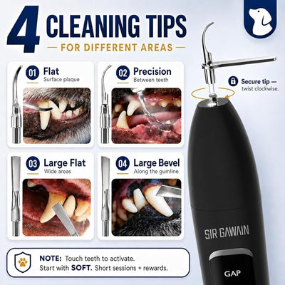 SIRGAWAIN Pet Ultrasonic Dental Cleaner — Plaque, Tartar & Stains Remover, 4 Tips, 3 Modes, LED, Contact-Activated & Smart Touch Protection, Complete Cleaning Kit for Dogs & Cats (Black)
