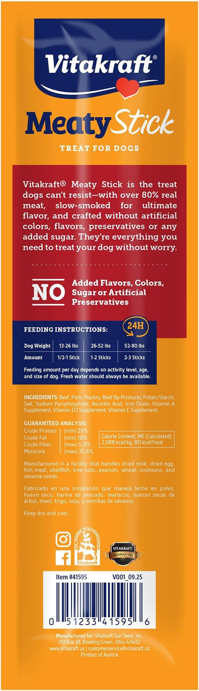 Vitakraft MeatyStick Beef, Jerky Treat for Dogs, No Added Sugar, Real Meat #1 Ingredient, No Artificial Preservatives, Flavors or Colors, Naturally Smoked, Individually Packed, 1.0 oz, Stick, 15 count