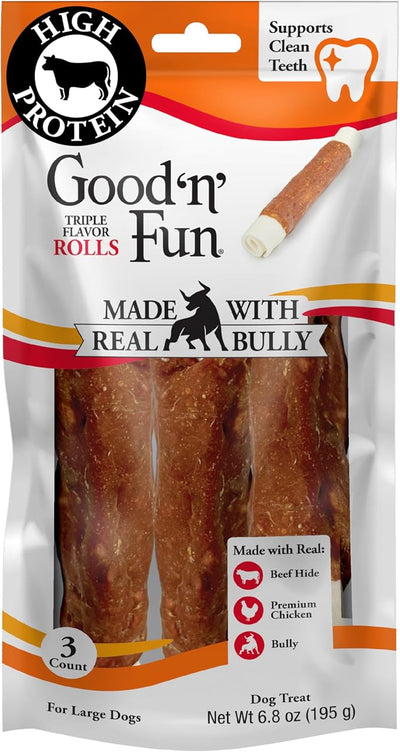 GOOD 'N' FUN Triple Flavor Rolls with Bully Chews, High-Protein Dog Treat for Large Adult Dogs, Made with Real Beef Hide, Chicken, Bully & Beef Liver Flavor, 3 Count