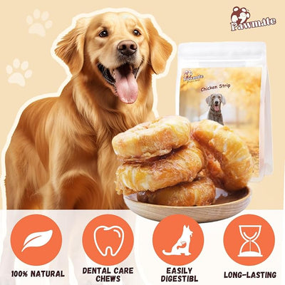 Pawmate Dog Treats Large Breed, Chicken Wrapped Rawhide Donut Rings, Rawhide Dog Chews Long Lasting, Grain Free Training Snacks with Taurine for Medium Large Dogs, 4 Counts