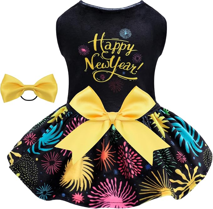 CuteBone Happy New Year Dog Dresses Velvet Holiday Small Dogs Clothes Onesie Pet Apparel Girl Puppy Skirt with Bow Hair Rope