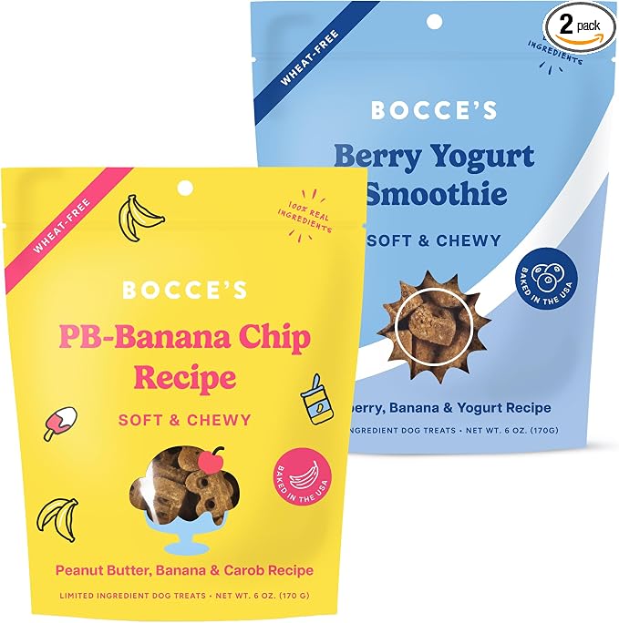 Bocce's Bakery PB Banana Chip + Berry Smoothie Dog Treat Bundle – Natural, Wheat-Free Soft & Chewy Cookies Made with Real Ingredients and Baked in The USA – 2 Pack Bundle
