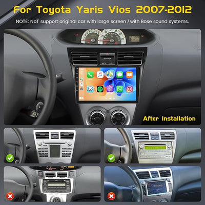 5Ghz WiFi [4G+64G] Android 15 Car Radio for Toyota Yaris Vios 2007-2013 Car Stereo with Wireless Carplay/Android Auto, 9 Inch HD Touch Screen with GPS Bluetooth FM/RDS EQ SWC Backup Camera MIC