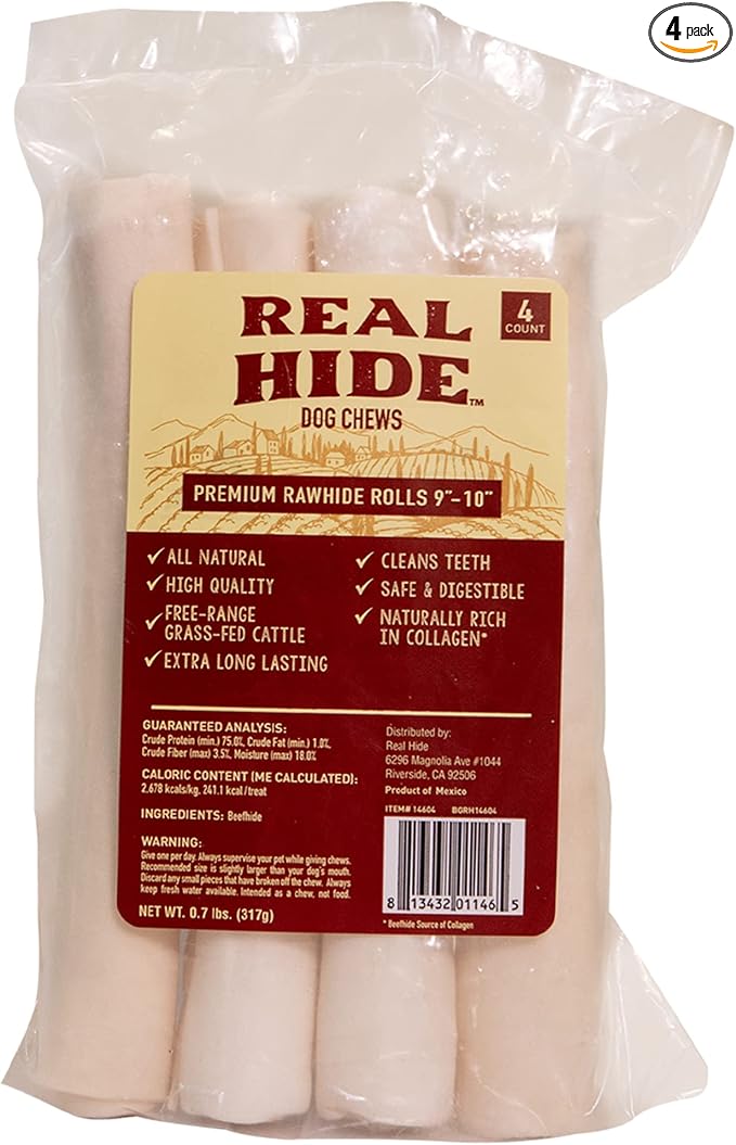 Real Hide All Natural Dog Chew Treats - Premium Rawhide Rolls, 9-10 Inch - Long Lasting Grass Fed Free Range Beef Hide for Medium/Large Dogs - 4 Count