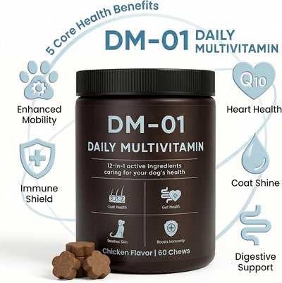 DM-01 Daily Multivitamin, Multivitamin Itch Relief Chews for Dog (Chicken) | with Folic Acid, Salmon Oil, Chondroitin & Natural Vitamins, Skin and Coat Healthy, Digestive & Boost Immunity, 60 Chews