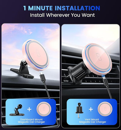 Magnetic Car Charger Mount 15W for iPhone 17-12 Pro Max | N52 Strong Magnets, 360° Rotation, Dashboard & Vent Mount, Compatible with Magnetic Cases, Gift for Women, Pink/Black