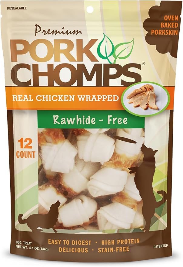 Pork Chomps Baked Pork Skin Dog Chews, 2.5-inch Mini Knots, Real Chicken Wrap, 12 Count