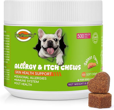 Dog Allergy Relief Chews, Itch Skin Relief for Dogs, Seasonal Allergy Support, Skin Irritation Treatment and Boosts Immunity - Allergy Supplements for Dogs, Salmon Flavor, 100 Soft Chews