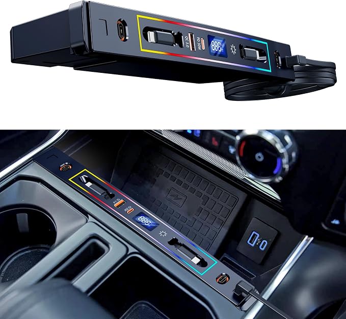 ELOHEI Car Fast Charger for Ford F150 XLT 2022 2023 2024 with 8-Color Ambient Light, Multi Port Retractable Hub for Ford F150 Accessories (PF338)