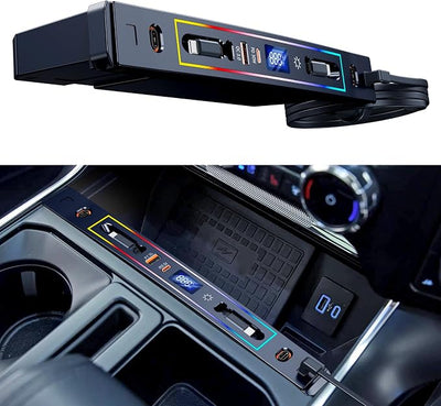 ELOHEI Car Fast Charger for Ford F150 XLT 2022 2023 2024 with 8-Color Ambient Light, Multi Port Retractable Hub for Ford F150 Accessories (PF338)