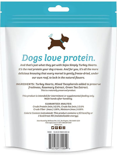 Sojos Simply Freeze Dried Turkey Hearts Dog Treats, Grain Free, Natural, 4 oz Bag