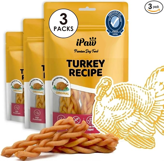 iPaw 3 Value Combo Turkey Dog Treats, SQF Certified Human Grade Dog Treat, Suitable for Training Chew, Hypoallergenic, Rawhide Alternative, Braided Stick (Orinnal Flavor), 3 Packs