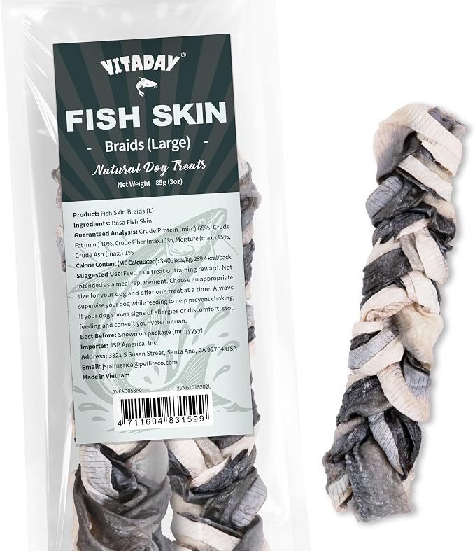 VITADAY 100% Fish Skin Dog Jerky Treats, Braids (L), 3 oz, 1-Pack | Natural dog jerky treats, rawhide alternative, 100% fish skin rich in collagen and omega-3, for all dogs, braids (L), 3 oz