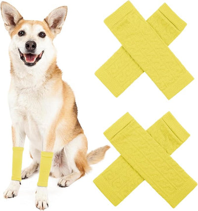 ROZKITCH Pet Dog Elbow Protector, Dog Leg Wraps to Stop Licking, 2PCS Front Leg & 2PCS Back Leg Knee, Elastic Knitted Breathable Protective Sock for Pomeranian, Papillon Yellow 2XL