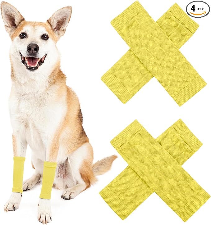 ROZKITCH Dog Hygroma Elbow Pads, 2PCS Front Leg & 2PCS Back Leg Knee, Elastic Dog Elbow Callus Protector, Knitted Breathable Protective Sock for Shetland Sheepdog, Miniature Schnauzer Yellow XL