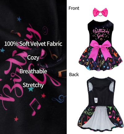 CuteBone Birthday Dog Dresses Velvet Holiday Small Dogs Clothes Onesie Pet Apparel Girl Puppy Skirt with Bow Hair Rope