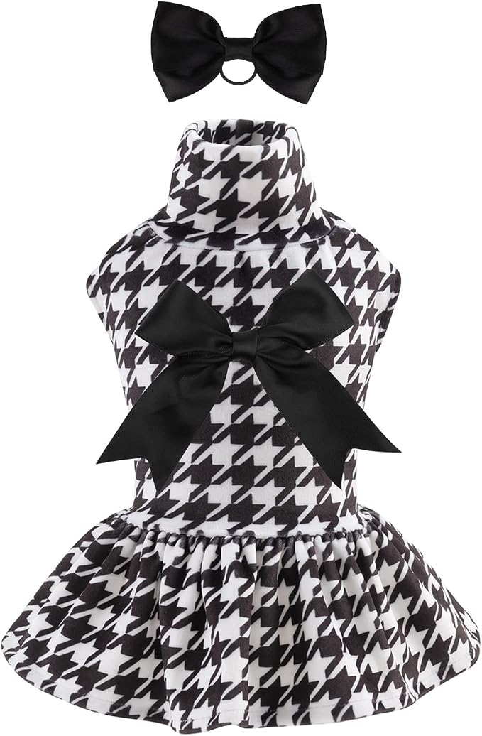 CuteBone Turtleneck Dog Velvet Dress Puppy Skirt Costume Pet Clothes Cat Apparel with Bow Hair Rope for Small Dogs CVD04S