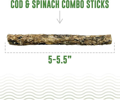 Icelandic+ Combo Sticks: Cod & Spinach - 6pk Wild-Caught Fish Dog Treats, 2oz Bag, 2 Simple Ingredient Pet Snacks, Skin-Coat Health, Natural Pet Chews
