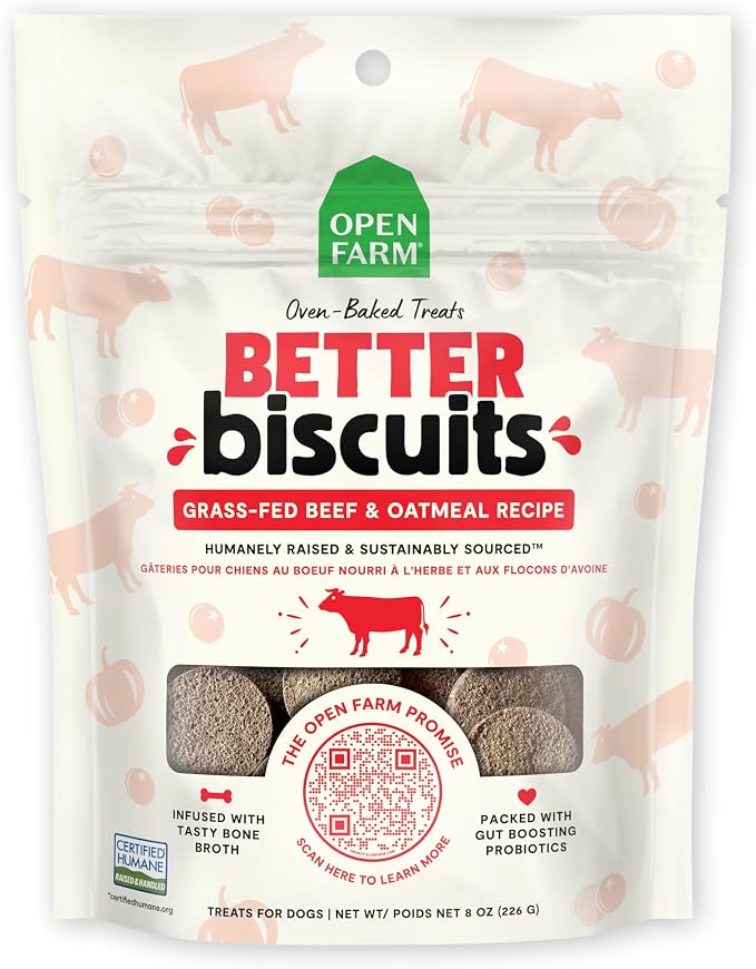 Open Farm Better Biscuits, Oven Baked Dog Treats with Probiotics, Grass-Fed Beef & Oatmeal Recipe, 8oz Pouch