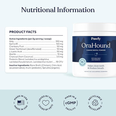 Pawfy Orahound Dog Teeth Cleaning Powder - Advanced Dental Powder for Dogs Teeth with Plaque and Tartar Control | Natural Dog Dental Care with Kelp, Zeolite, Charcoal for Bad Breath | 30 Servings