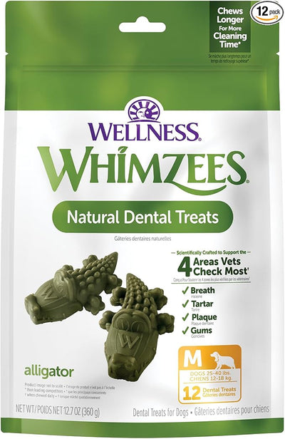 Whimzees Wellness Alligator Natural Dog Dental Treat, Chews, Freshens Breath, Medium Size, 12.7 oz Bag, 12 Count