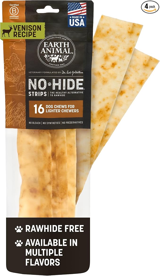 Earth Animal No Hide Strips - Natural Rawhide Free Dog Chew Strips, Venison - 16 Count (Pack of 4)