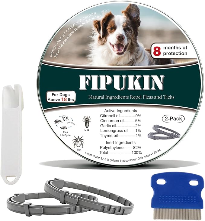 Flea and Tick Collar for Large Dogs, 2‑Pack | 8‑Month Waterproof Protection with Natural Essential Oils | Includes Comb & Tick Removal Tool