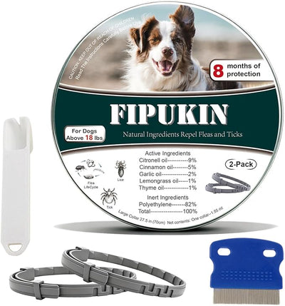 Flea and Tick Collar for Large Dogs, 2‑Pack | 8‑Month Waterproof Protection with Natural Essential Oils | Includes Comb & Tick Removal Tool