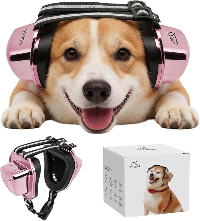 PETSEAR Dog Ear Muffs Noise Protection,Dog Headphones Noise Cancelling 29dB NRR with Magnetic Buckle & Electroplated Finish, Anti-Anxiety Earmuffs for Fireworks,Thunderstorms,Travel(Rose Gold,XS)