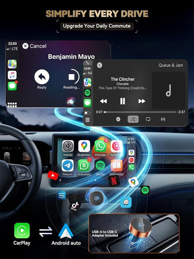 2026 Wireless CarPlay & Android Auto Adapter, 2-in-1 Mini Adapter for iPhone & Android, for USB-A/USB-C, Plug & Play, Fast Auto Reconnect, Low Latency