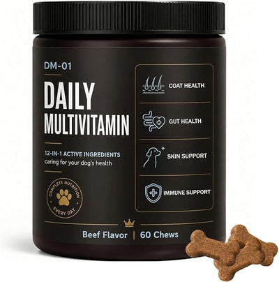DM-01 Daily Multivitamin Soft Chews for Dogs, with Salmon Oil, Glucosamine HCl, Chondroitin, B Vitamins & Folic Acid, Skin & Coat, Joint, Digestive & Immune Support, Beef Flavor, 60 Soft Chews