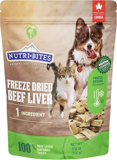 Nutri Bites Freeze Dried Beef Liver Dog & Cat Treats, Single Ingredient High Protein Pet Treats, 17.6 oz
