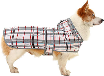 Dog Raincoat for Large Dogs Waterproof Jacket Hooded Rain Coats with Reflective Strips Leash Hole & Poncho Adjustable Fit (Plaid,L)