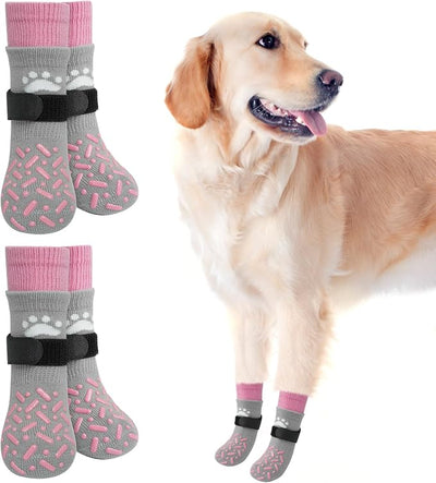 SCENEREAL Dog Socks to Prevent Licking Paws for Hot/Cold Pavement, Anti Slip High Top Dog Grip Socks for Hardwood Floors, Dog Shoes Booties&Paw Protector for Small Medium Large Senior Dog, Pink L
