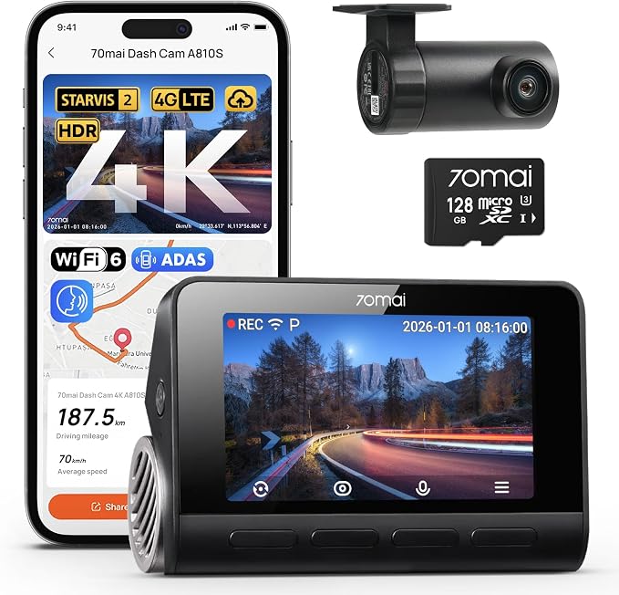 70mai 4K Dash Cam Front and Rear, 4K+1080P Dual STARVIS 2 Car Dash Camera for Cars, 4G LTE Remote Access, AI Motion Detection, WiFi 6, 5 GPS, 24H Parking Mode, HDR Night Vision, Voice Control, ADAS