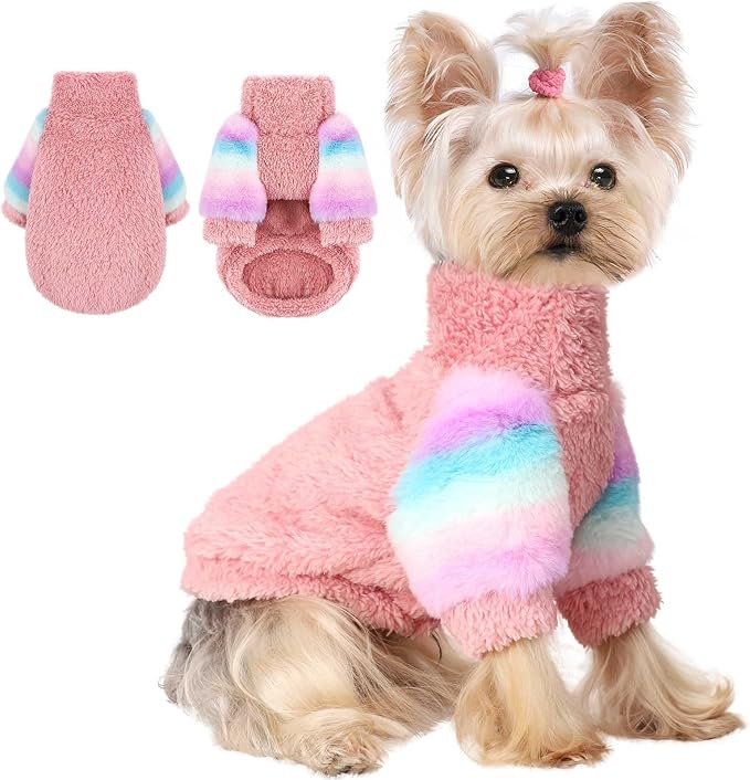Dog Sweaters for Small Dogs, Chihuahua Fleece Clothes, Clothes Winter Warm Puppy Boys Girls, Rainbow Sleeve Sweater,Tiny Outfits Teacup Yorkie (Pink, XX-Small)