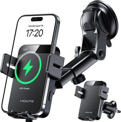 MOKPR Wireless Car Charger, 15W Auto Clamping Car Charger Dash Windshield Air Vent Phone Holder Compatible with iPhone 16 15 14/13/13 Pro/12 pro/12/11/X/8, Samsung S24/S23/S22