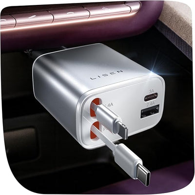 LISEN Retractable Car Charger for iPhone, for iPhone 17 Pro Max 16 15 14 13 12 Plus Mini, Cute 4 in 1 Retractable USB C Car Charger Fast Chareg for Women Men, 84W Fast Charging Car Accessorie | Multiple Ports Car Charger, Retractable Car Charger Fast C...