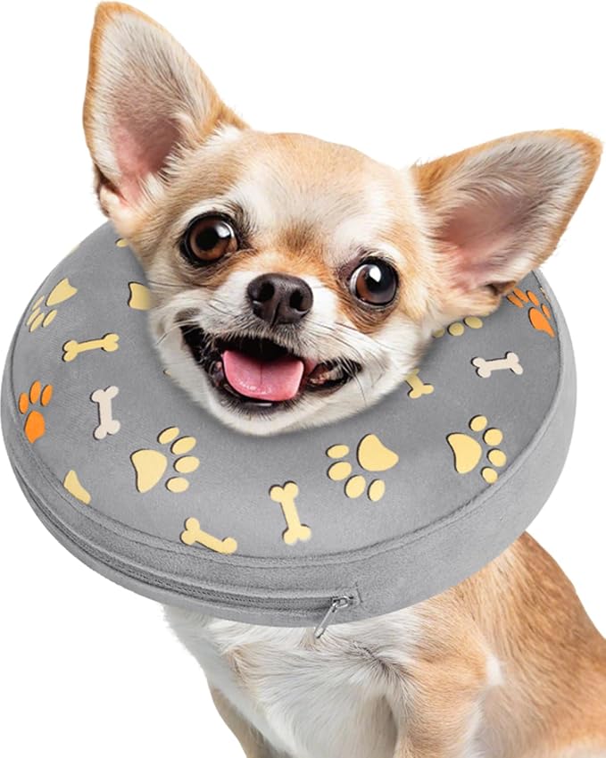 Inflatable Dog Pillow Cone Collar After Surgery, Donut Soft Neck Cone for Chihuahua Pomeranian Small Dogs, etc, Recovery E Collar to Stop Licking Grey
