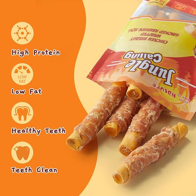 Jungle Calling Dog Treats Smoked Chicken Wrapped Rawhide Rolls, High Protein Dog Chews, Long Lasting Chews for Medium and Large Dogs, 10.6 Oz, About 10 Count